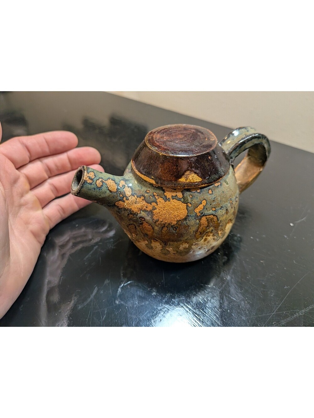 Signed BR Studio Pottery Teapot Handmade Stoneware Green Brown Reactive Glaze